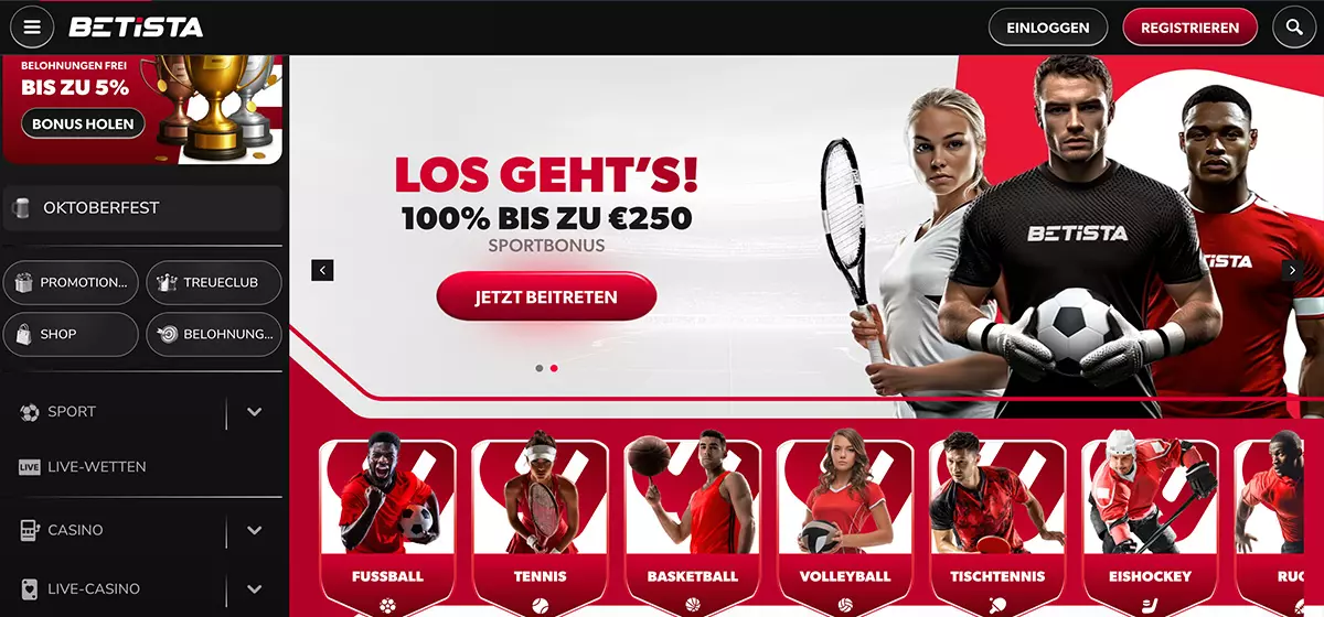 Betista mit Sportbonus und Sportartenkacheln, Wettanbieter ohne OASIS