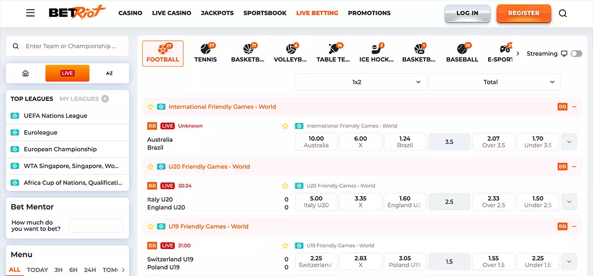 BetRiot mit Live-Wetten auf Fußball und Über-Unter-Quoten, Wettanbieter ohne OASIS
