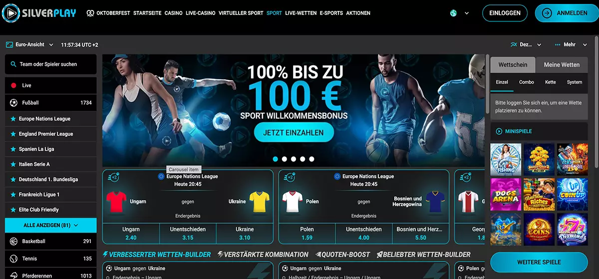 Silverplay als Wettanbieter ohne OASIS mit Sportwetten-Lobby, Willkommensbonus und Quoten der Nations League